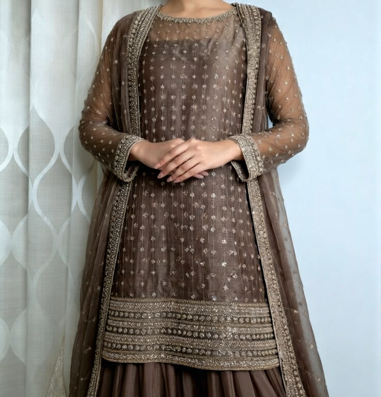 Brown Sequin Embroidered Net Sharara Set