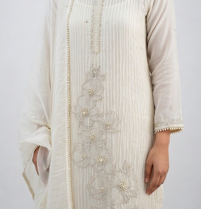 Ivory Embroidered Kurta with Sheer Dupatta