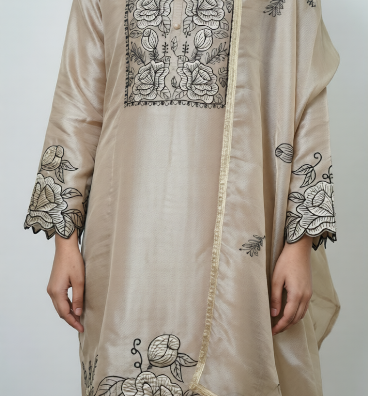 Floral Embroidered Beige Kurta Set