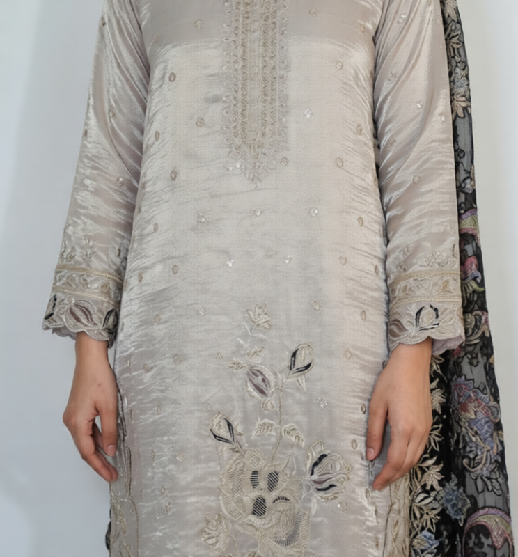 Embroidered Grey Kurta with Sheer Floral Sleeves